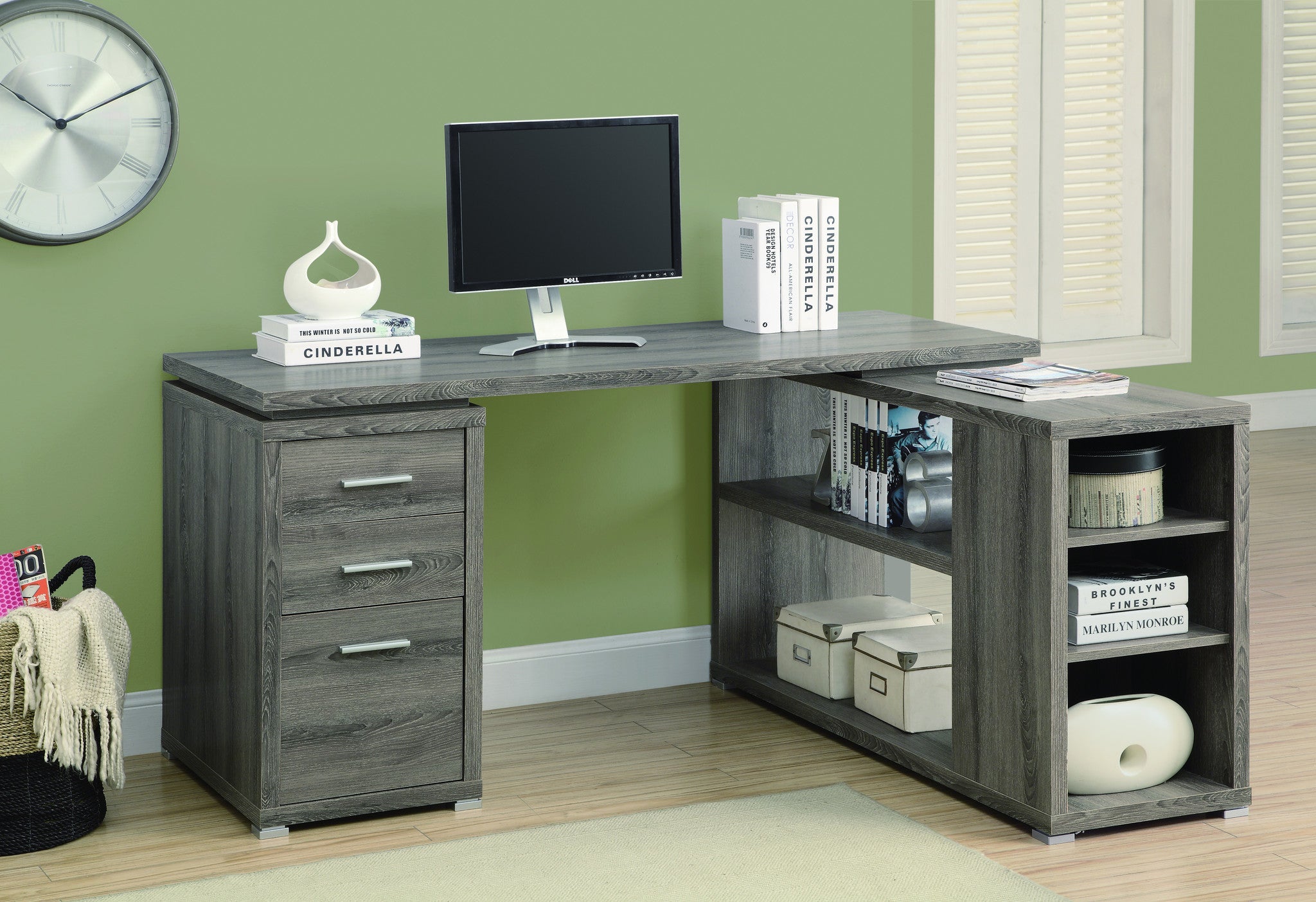 Modern L-Shaped Desk with File Drawer &amp; Open Shelving in Dark Taupe Fi