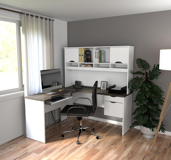 Modern White & Antigua L-shaped Computer Desk with Hutch – ComputerDesk.com