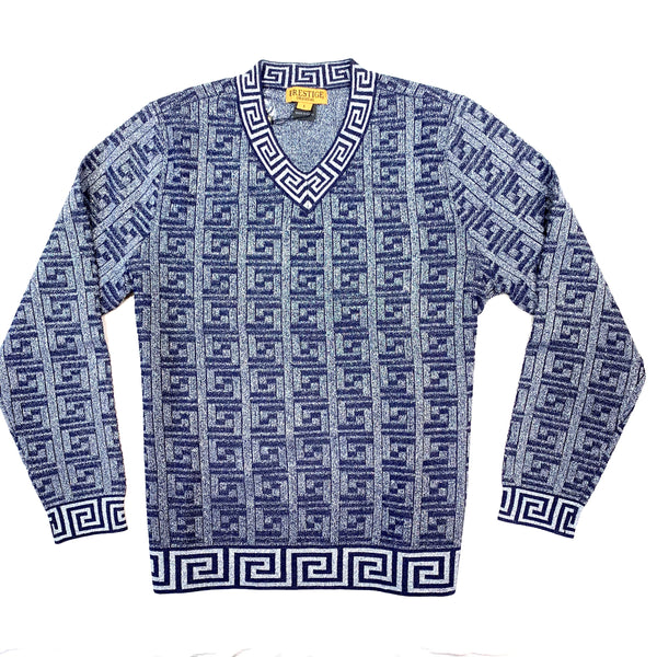 Prestige Navy Silver Shine Cable Knit V-Neck L/S Shirt - Dudes Boutique