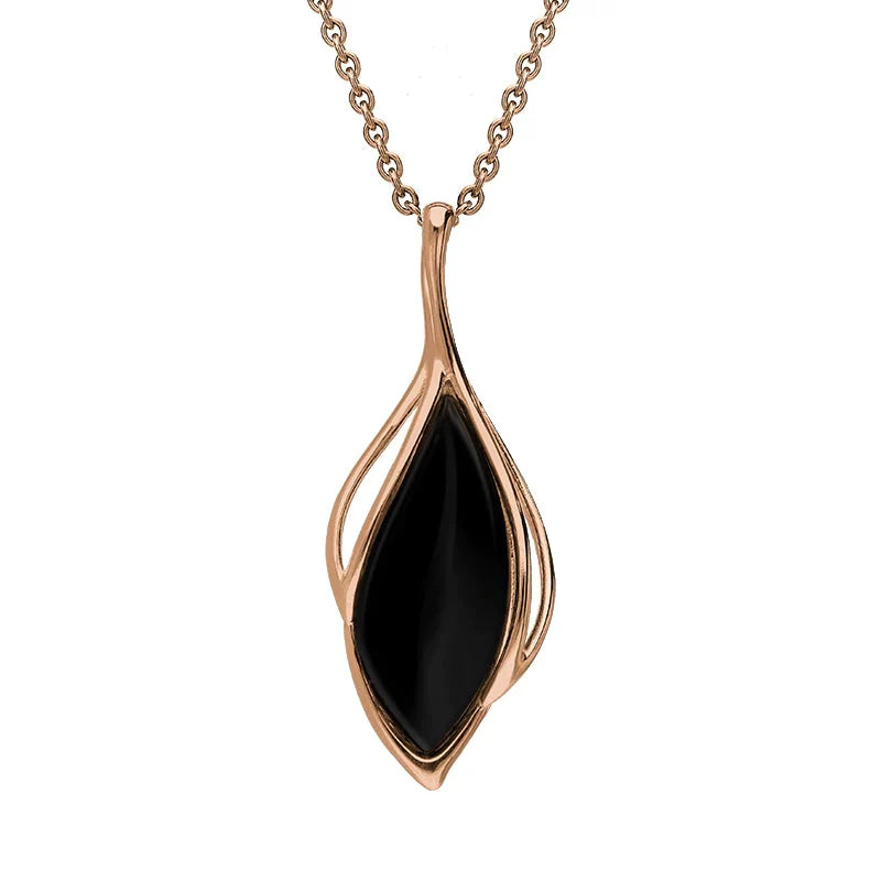 9ct Rose Gold Whitby Jet Open Marquise Shaped Necklace