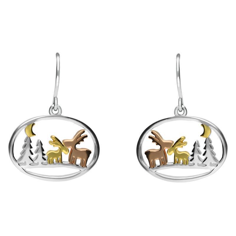 Yellow Rose Gold Sterling Silver Plated Reindeer and Trees Hook Earrings