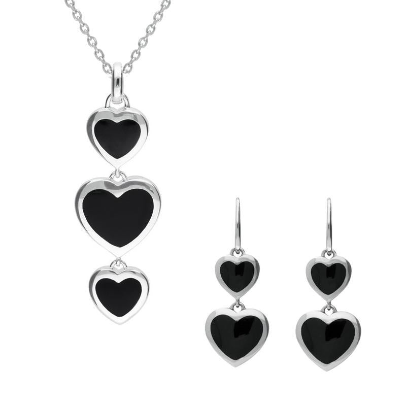Sterling Silver Whitby Jet Graduated Heart Drop Two Piece Set