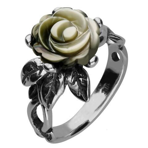 Sterling Silver Dark Mother of Pearl Tuberose 10mm Rose Leaf Twist Ring