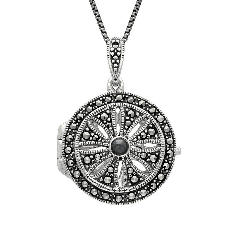 Sterling Silver Hematite Marcasite Arc Deco Circles Locket Necklace