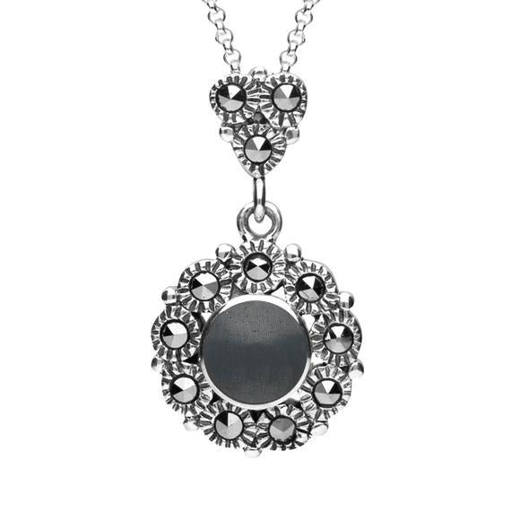 Sterling Silver Hematite Marcasite Round Beaded Drop Necklace