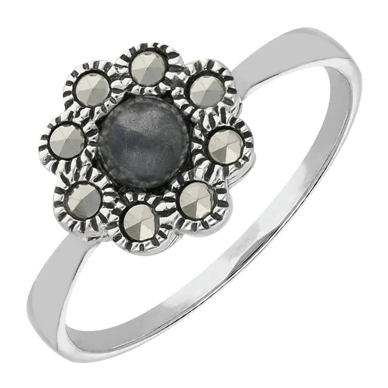 Sterling Silver Hematite Marcasite Round Beaded Edge Ring