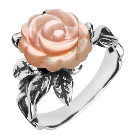 Sterling Silver Pink Mother of Pearl Tuberose 10mm Rose Leaf Twist Ring