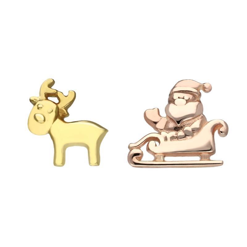 Rose and Yellow Gold Plated Sterling Silver Santa Reindeer Stud Earrings