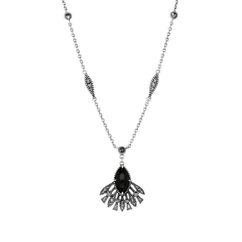 Sterling Silver Whitby Jet Marcasite Feather Necklace