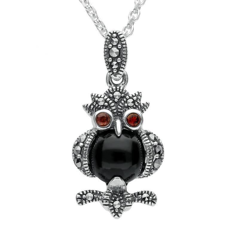 Sterling Silver Whitby Jet Marcasite Garnet Owl Necklace