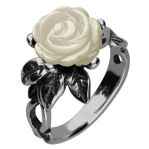 Sterling Silver White Mother of Pearl Tuberose 10mm Rose Twist Leaf Ring