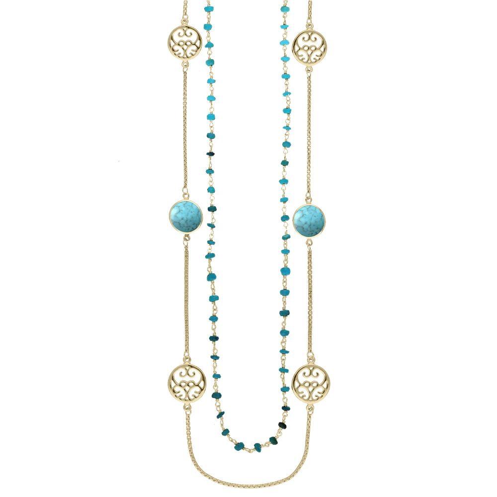 Yellow Gold Turquoise Flore Filigree Double Row Necklace