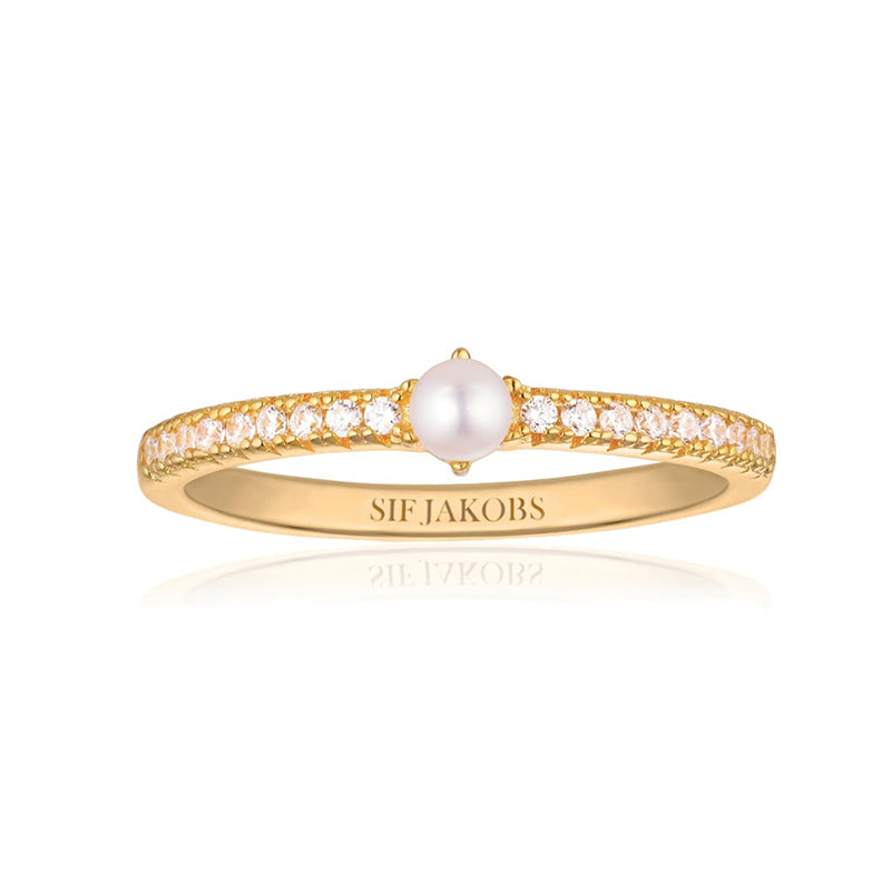 Sif Jakobs Ellera 18ct Gold Plated Sterling Silver Freshwater Pearl White Zirconia Band Ring