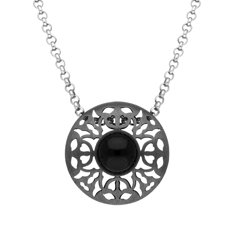 Sterling Silver Black Rhodium Whitby Jet Round Filigree Necklace D