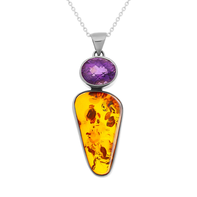 Sterling Silver Amber Amethyst Oval Top Triangle Two Stone Drop Necklace