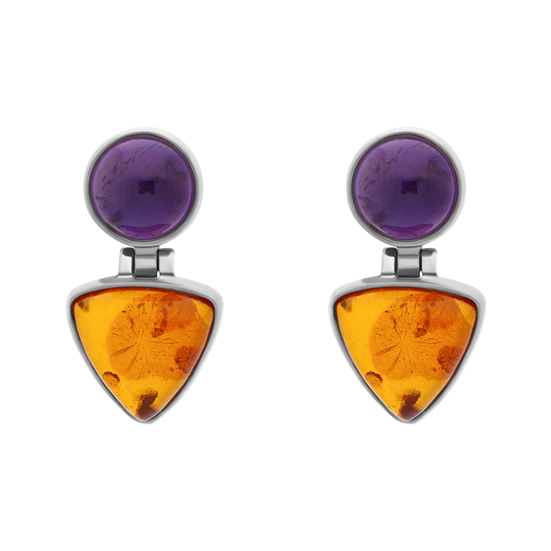 Sterling Silver Amber Amethyst Round Top Triangle Drop Stud Earrings D