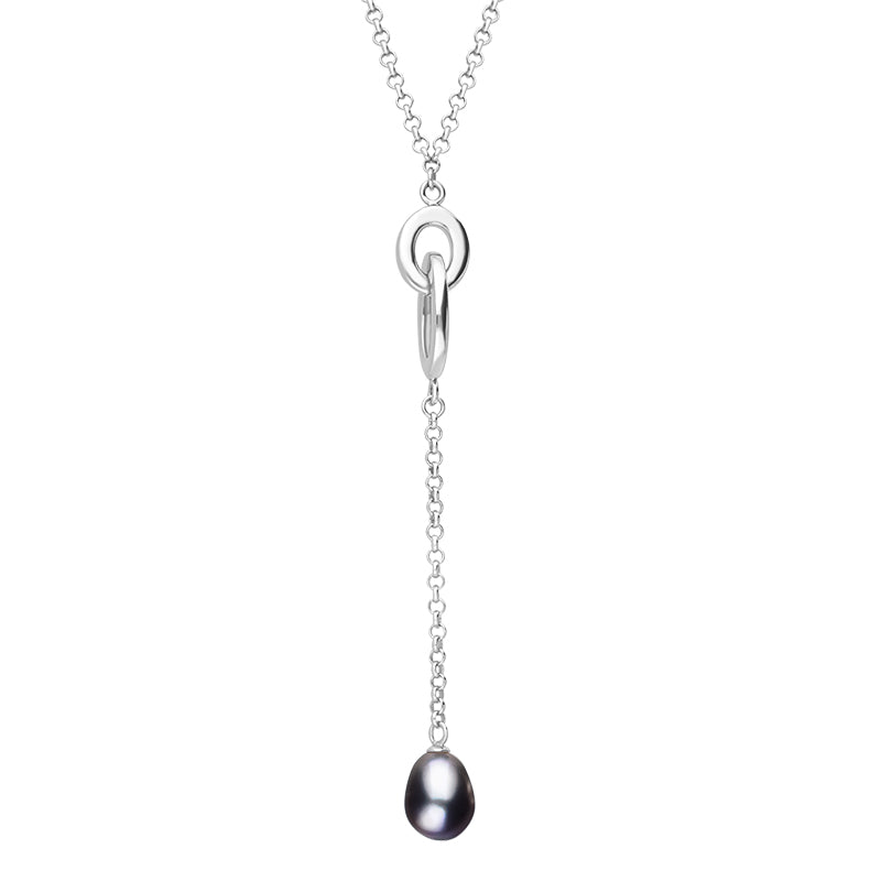 Sterling Silver Black Pearl Double Oval Drop Necklace D