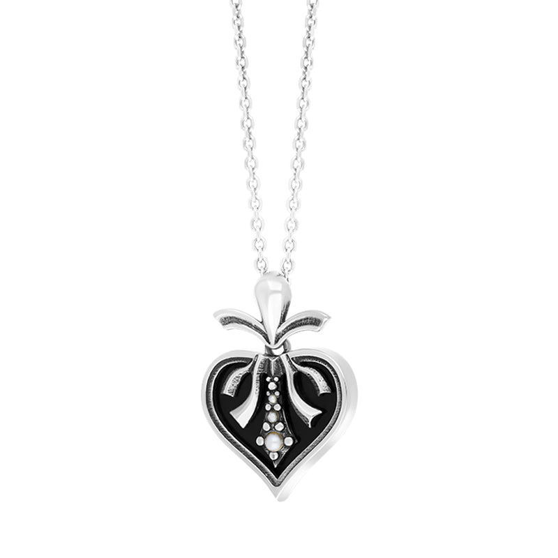 Sterling Silver Freshwater Pearl Whitby Jet Victorian Heart Pendant