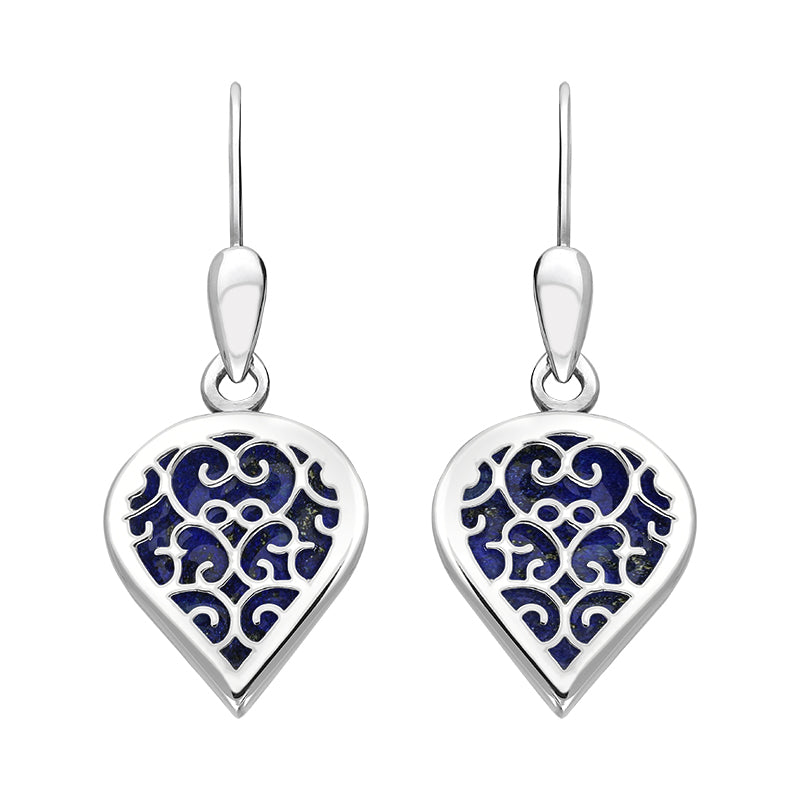 Sterling Silver Lapis Lazuli Flore Filigree Heart Drop Earrings