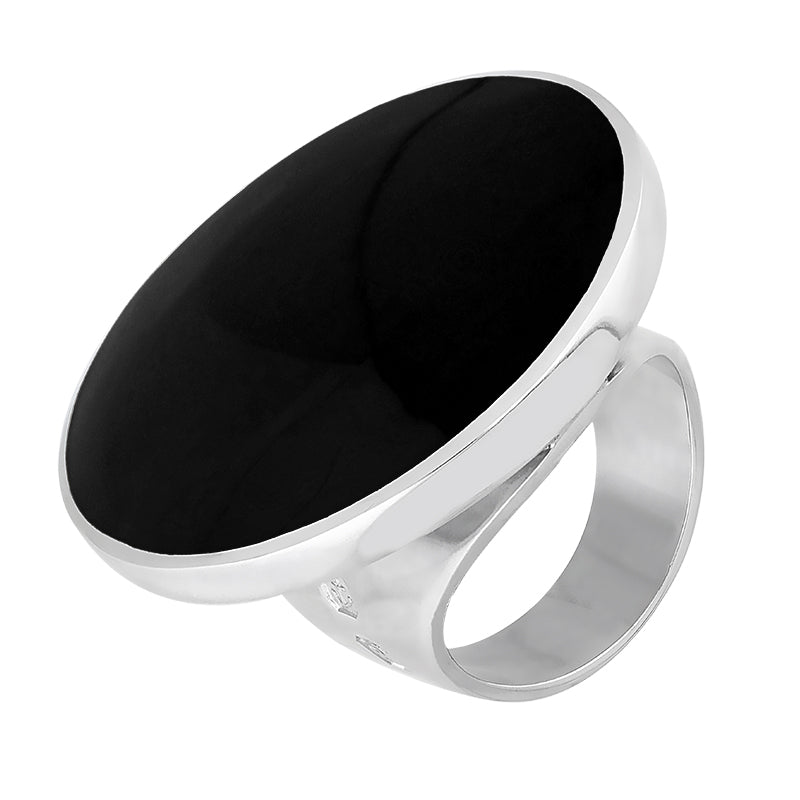 Sterling Silver Whitby Jet Hallmark Large Round Ring