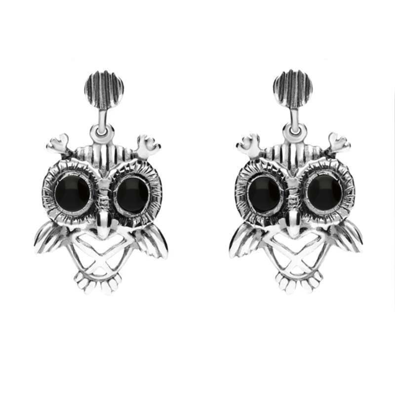 Sterling Silver Whitby Jet Owl Stud Earrings