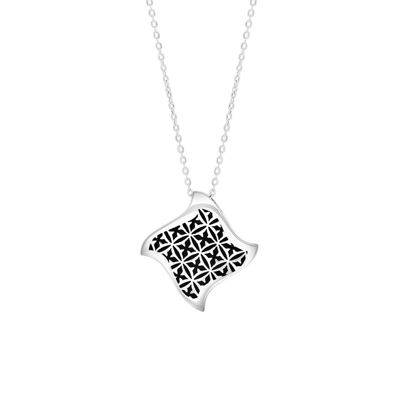 Sterling Silver Whitby Jet Reversible Gothic Filigree Square Pendant Necklace