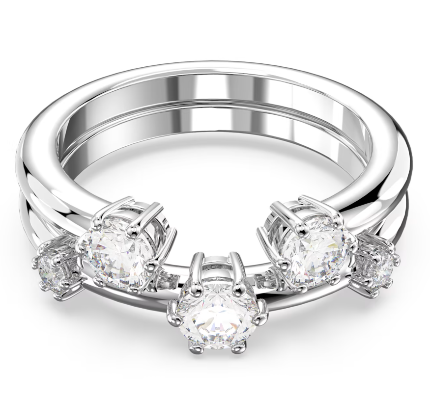 Swarovski Constella Rhodium Plated White Crystal Two Piece Ring Set - Size 50