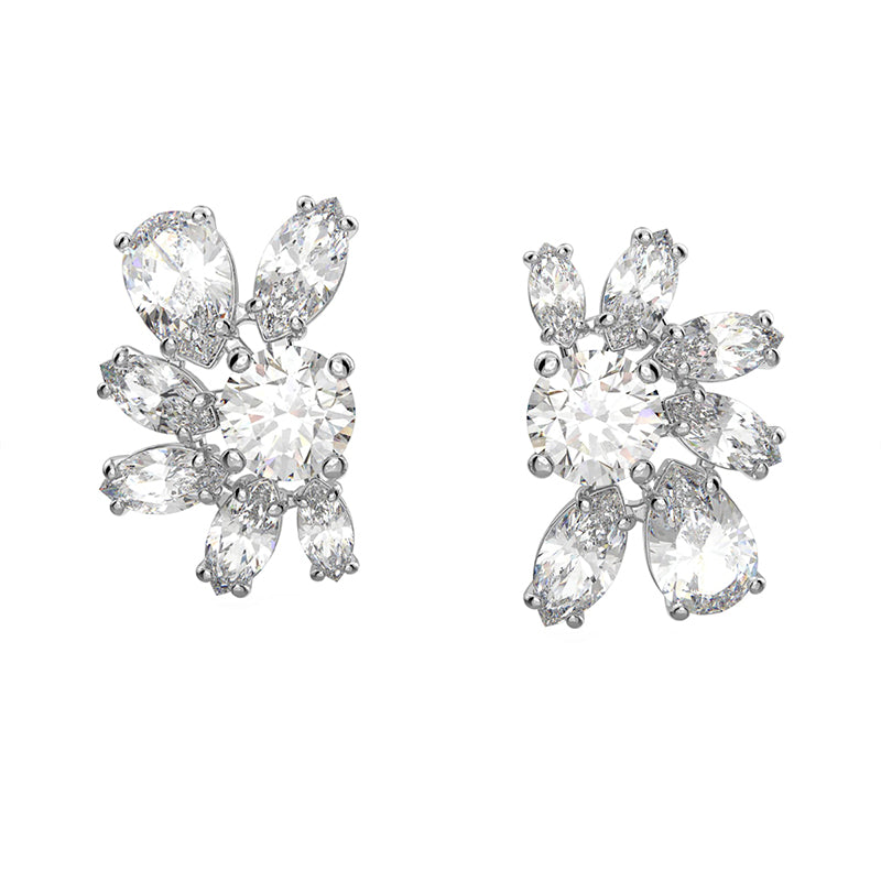 Swarovski Gema Rhodium Plated White Crystal Flower Stud Earrings