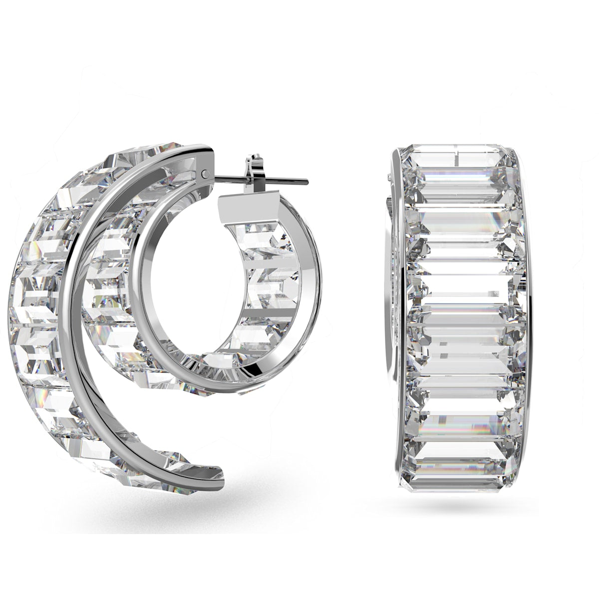 Swarovski Matrix Rhodium Plated White Crystal Baguette Cut Hoop Earrings