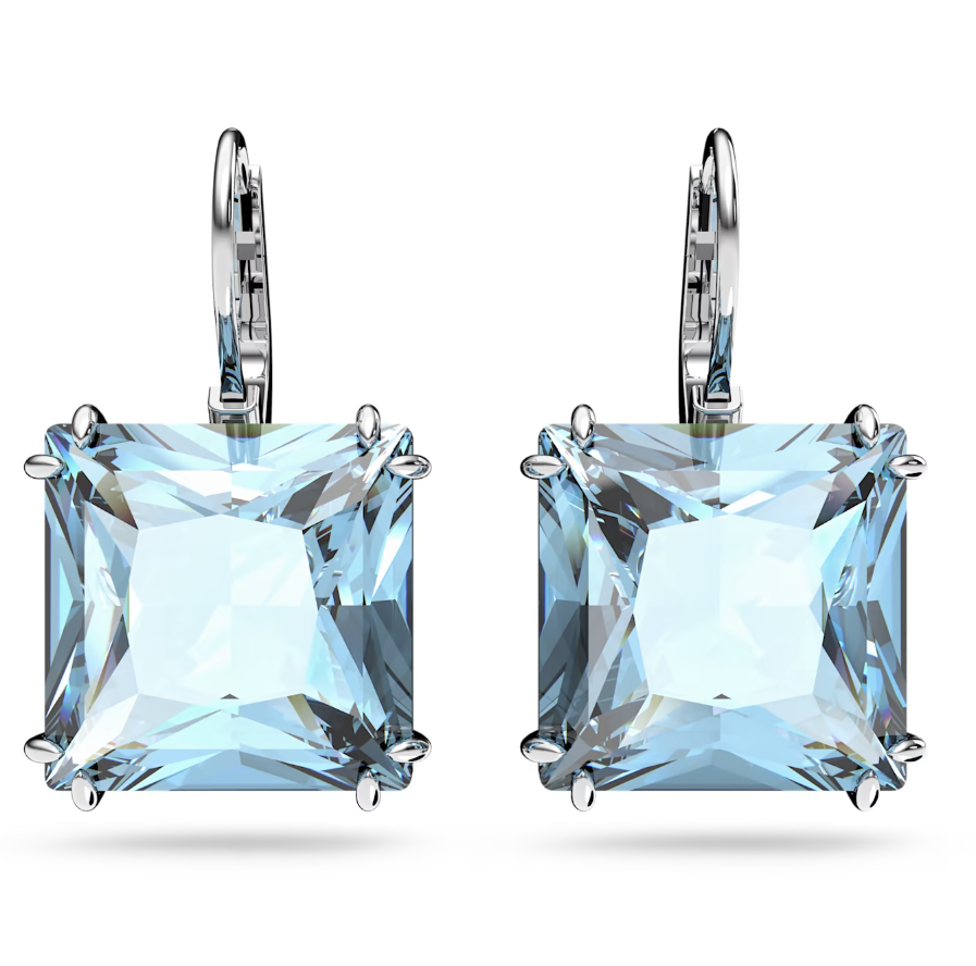 Swarovski Millenia Rhodium Plated Blue Crystal Square Cut Drop Earrings