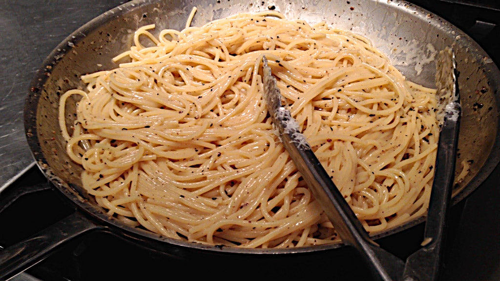 Chef Todd Stein's Cacio e Pepe featuring fresh ground Organic Reluctant Trading Peppercorns