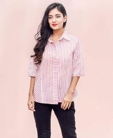WHITE AND RED RAYON STRIPES BUTTON DOWN