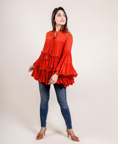 TASSLED RAYON FRILL TOP IN RUST