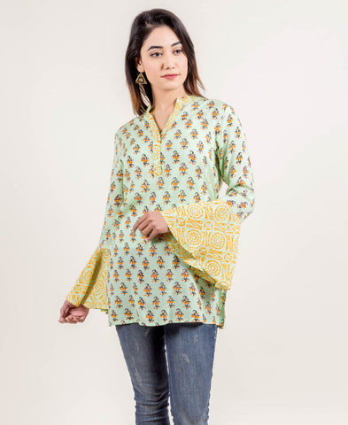 DOUBLY DELIGHTFUL BELL SLEEVED SHORT KURTI IN LIME AND YELLOW
