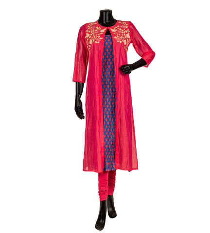 Blue and Red Hand Block Printed Kurta with Embroidered Red Chanderi Jacket