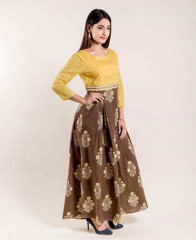 Brown Gold Hand Block Printed Indo Western Dress