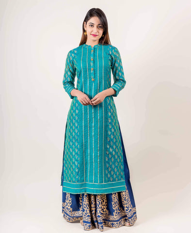 Chanderi Teal Colored Golden Gota Patti indo western dresses for engagement