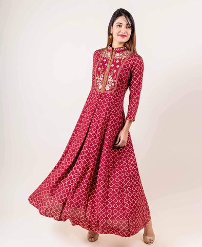 Embroidered Maroon Anarkali Style Floor Length indo western dress for engagement