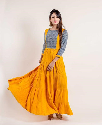 Layered Mustard Yellow / Chevron Indo Western Dress