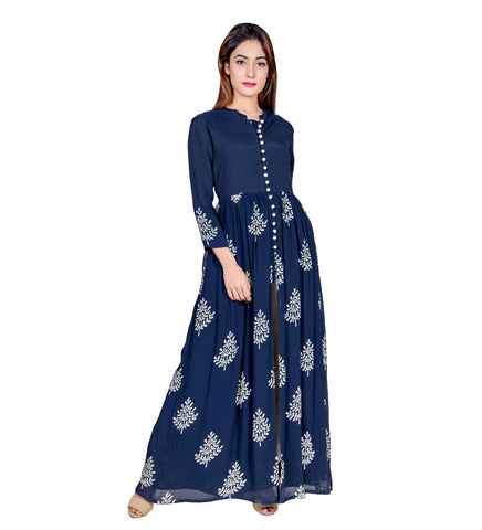 Navy Blue Hand Block Printed and Embroidered Cape Kurta Dress with Pants