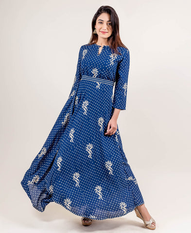 Navy Blue Layered Hand Block Print Indo Western Dress with Waist Belt