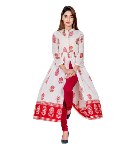 Off-white and Pink Hand Block Printed Cotton Cape Kurta