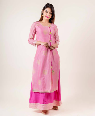 Tasseled Chanderi Pink indo western dress for engagement