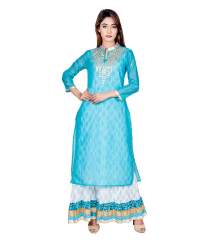 Turquoise Hand Block Printed Floor Length Indo Western Kurta Dress