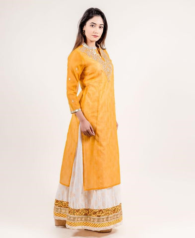 Yellow Hand Block Printed Floor Length Indo Western Dress