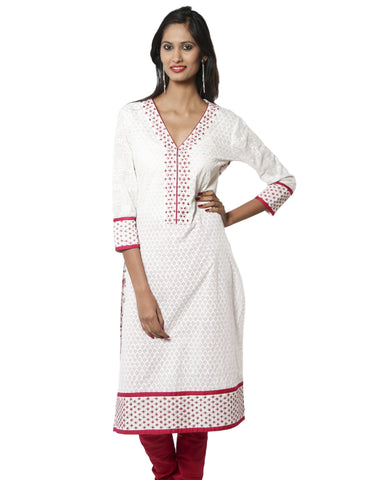 White and Pink Embroidered Kurta