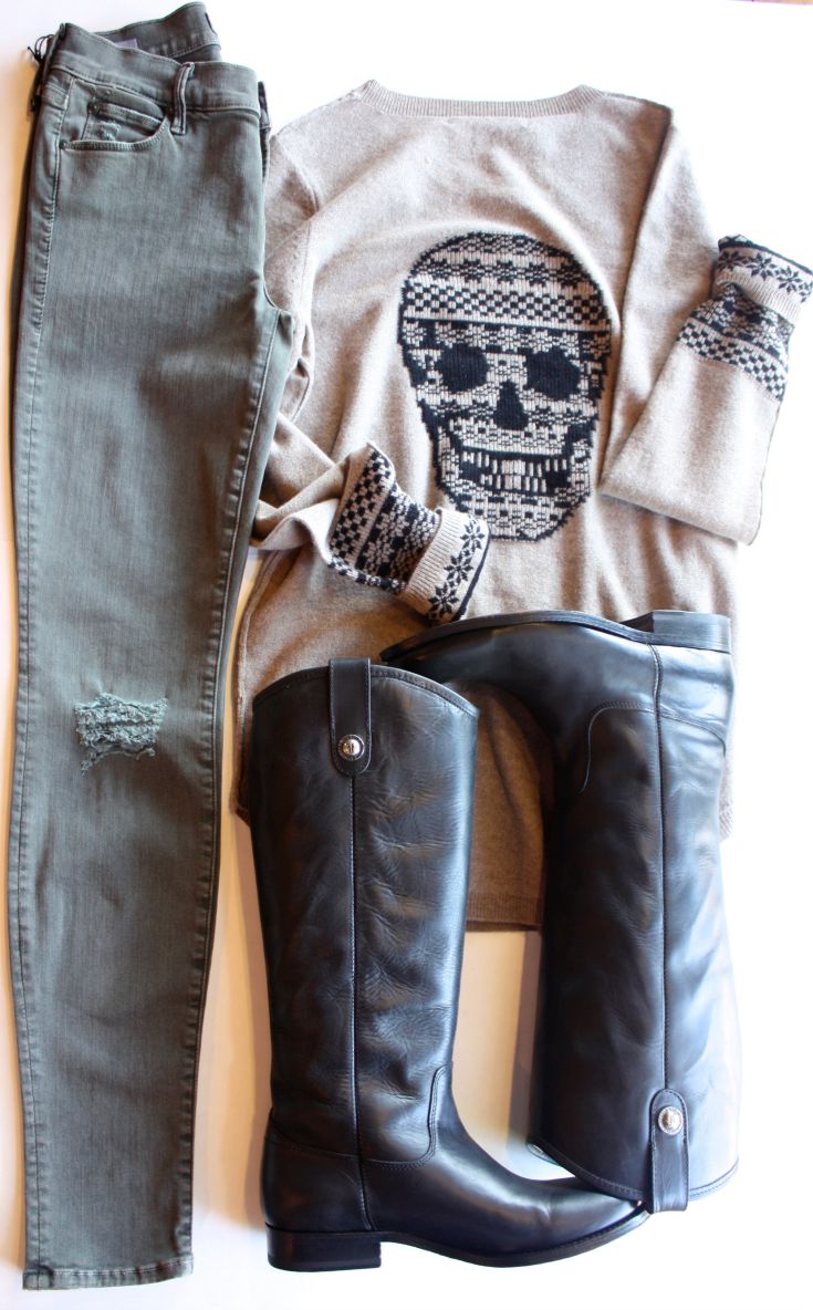 Skull Cashmere Alpine Sweater with Mother Denim and Frye Melissa Button