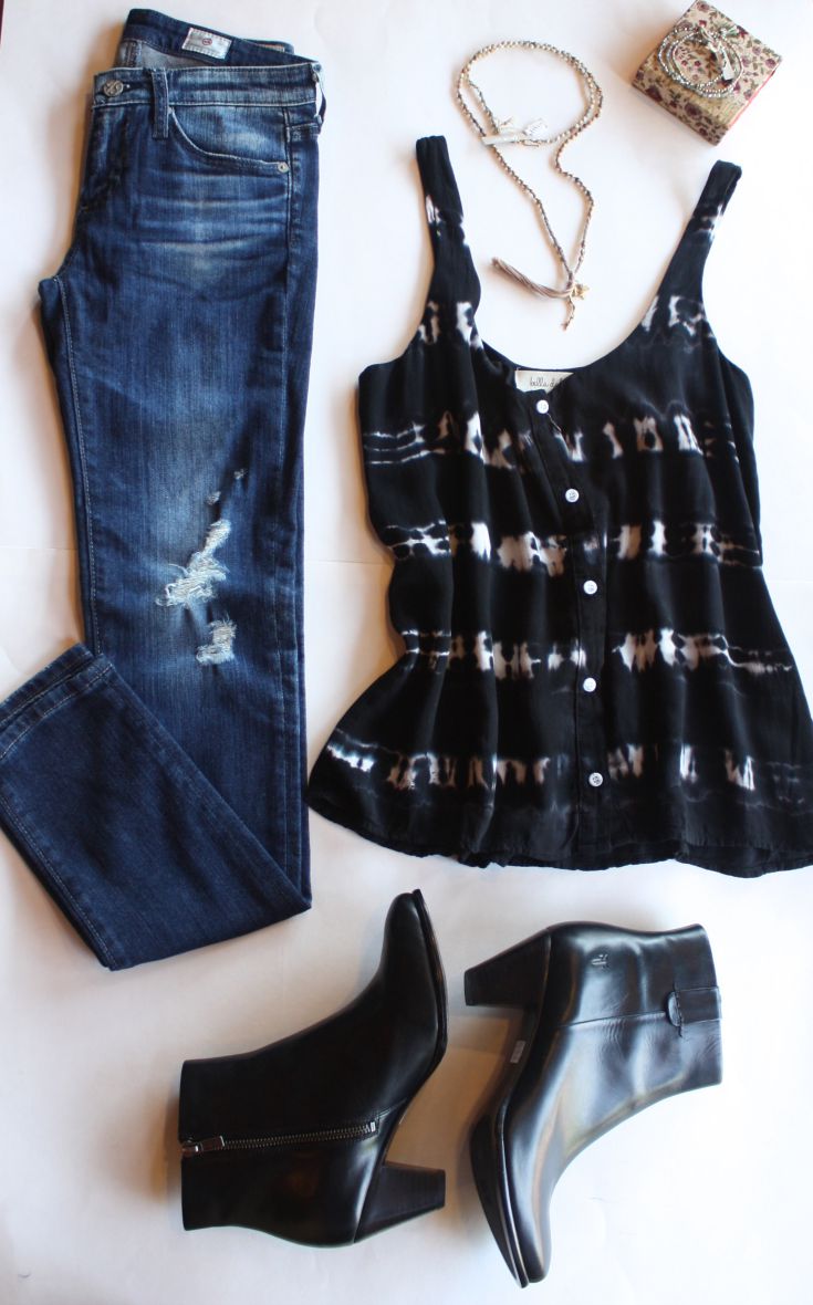 Tie dye tank outfit with denim and booties