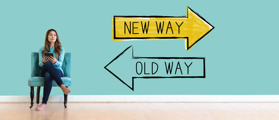 woman sitting and contemplating "new way" vs "old way"