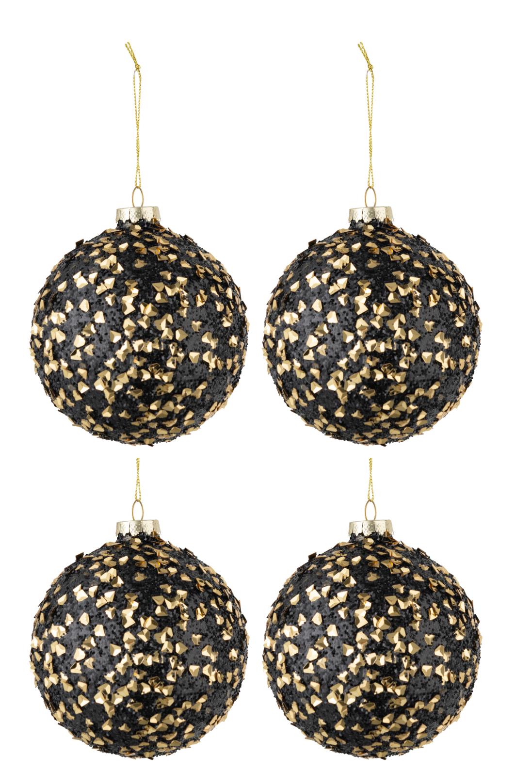 4 WEIHNACHTSKUGELN PAILLETTE GLAS SCHWARZ GOLD MEDIUM